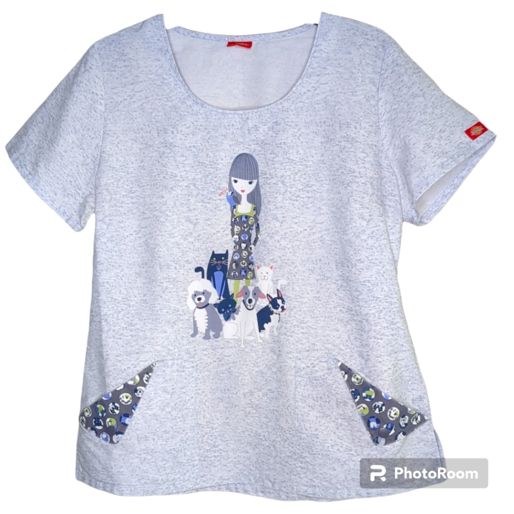 Dickies Dog Cat Lover Scrub Top Dog Walker Light Gray Size M